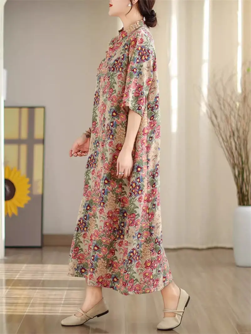 Женское платье с воротником-стойкой Длинное свободное в стиле ретро принтом на