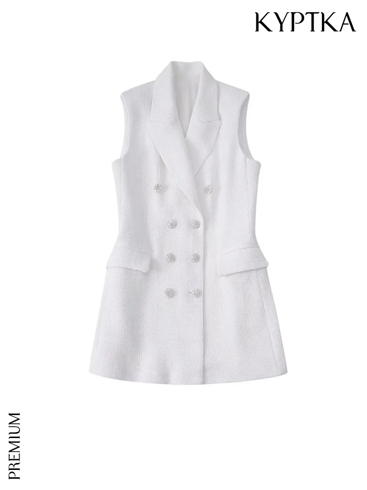 

KYPTKA Women Fashion Tweed Double Breasted Waistcoat Vintage Sleeveless Flap Pockets Female Outerwear Chic Tops
