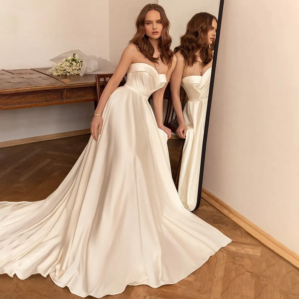 

YunShang Sweetheart Wedding Dress Sleeveless Pleats Satin A-Line Simple Backless Bride Gown Zipper Sweep Train Vestido De Noiva