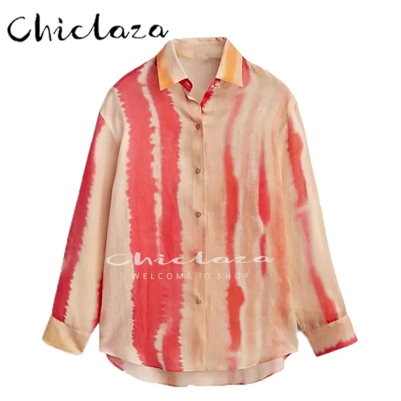 

CHICLAZA 2022 Spring Autumn Fashion Women Long Sleeve Hemp Gradient Striped Shirt Tops Female Casual Lapel Simple Blouses