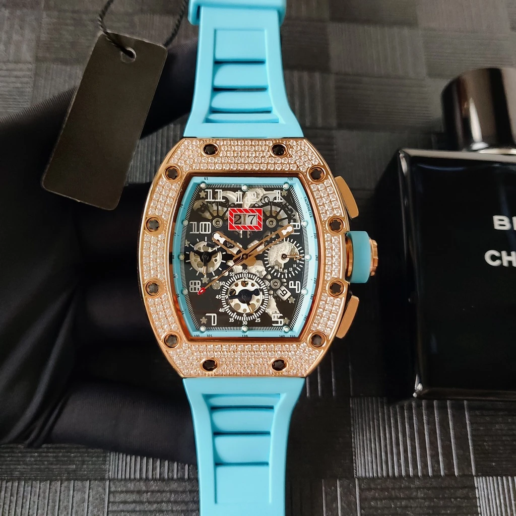 

mens automatic mechanical watch rose gold diamonds black blue rubber