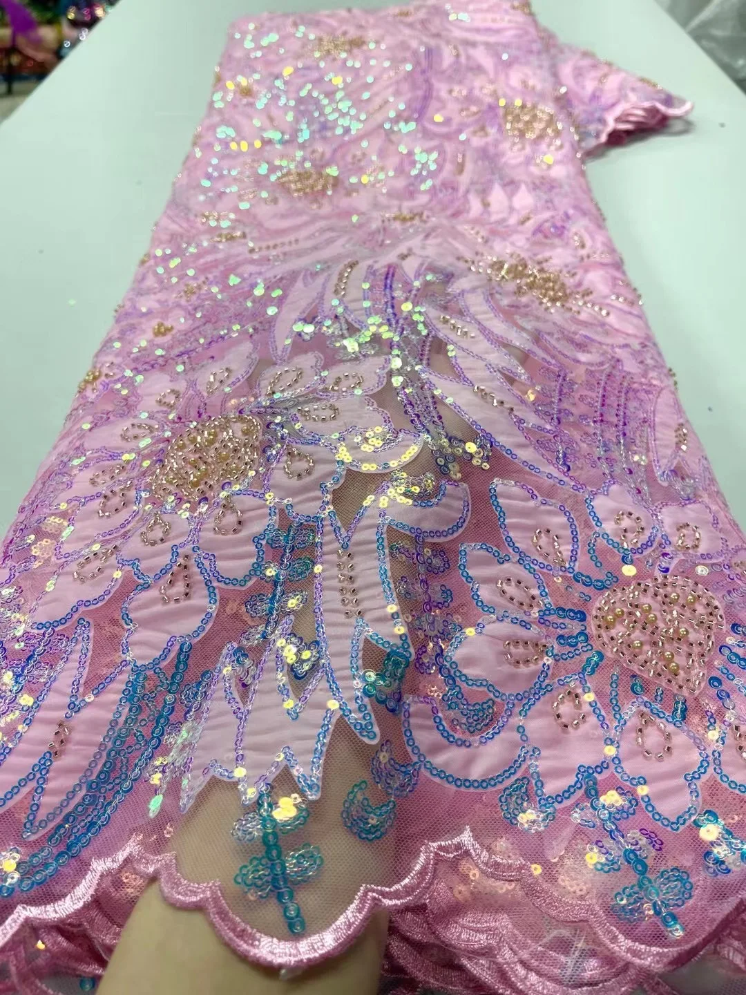 

Laser Cut French Mesh Lace Fabric With Sequins 2023 High Quality Hand Bead African French Net Mesh Lace For Women Party Dresses