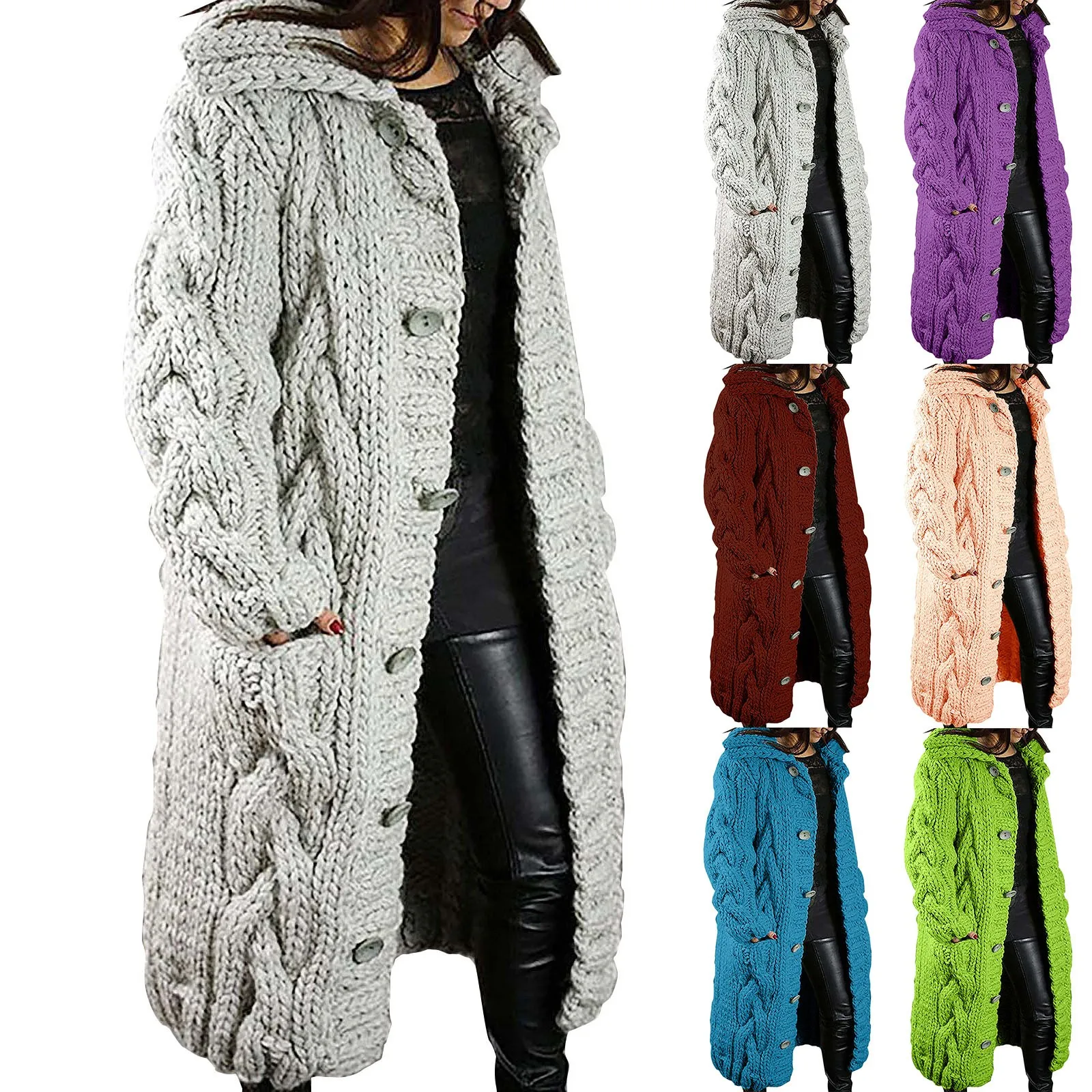 

Женский трикотажный однобортный свитер с карманами и длинным рукавом