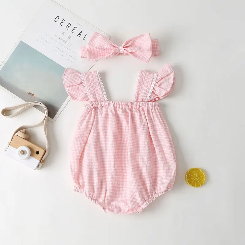 Summer Embroidery Fly Sleeve Romper Outfits Cute Baby Girl Plaid Flower Crawling Clothes Casual Bodysuit One-Piece 0-2Years