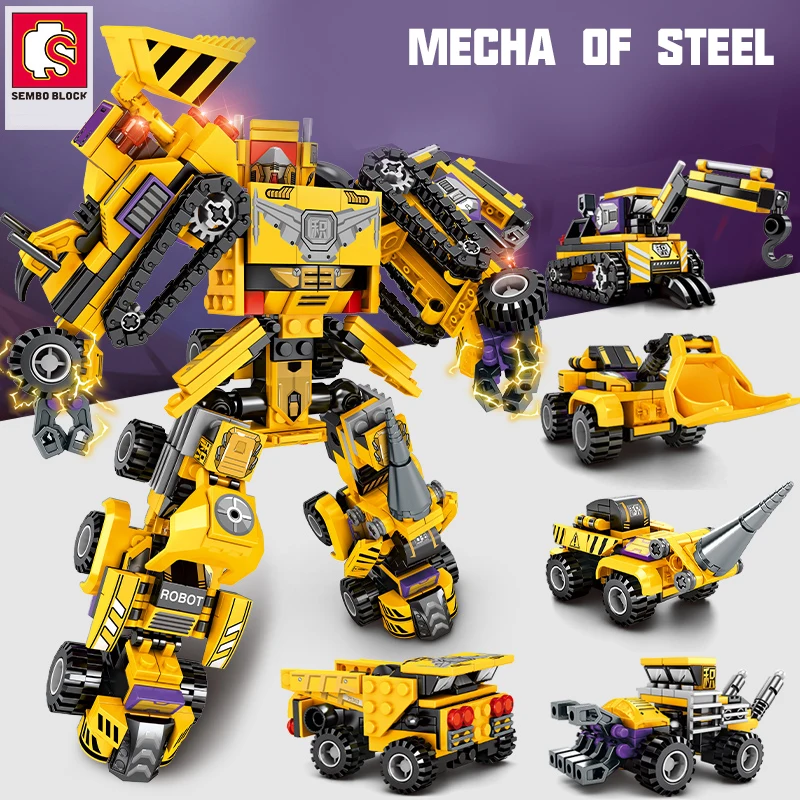 

SEMBO 6 in 1 Transformation Robot Building Blocks City Engineering Excavator Crane Dump Truck Mecha Construction Bricks Toys