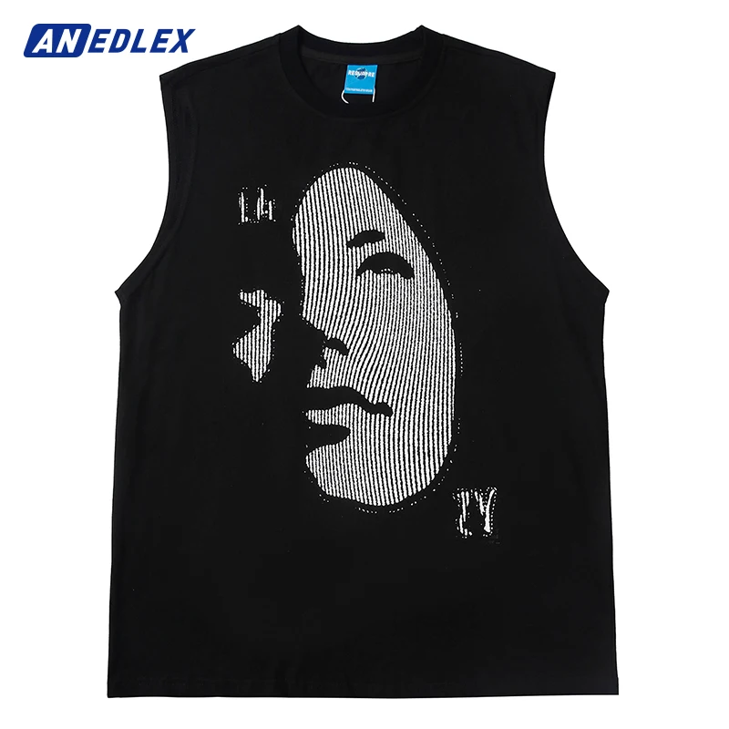 

2022 Fashion Face Graphic Vest Hip Hop Streetwear Mens Tank Tops Harajuku Casual Sleeveless Tops Shirt Summer Cotton Vest Black