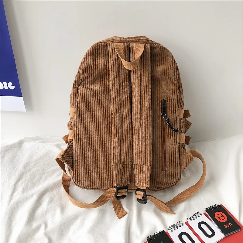 Fashion Casual Minimalist Backpack Solid Colour Cute Retro Corduroy Anti-Theft Backpack Students Teenage Girls Travel Shoulder B