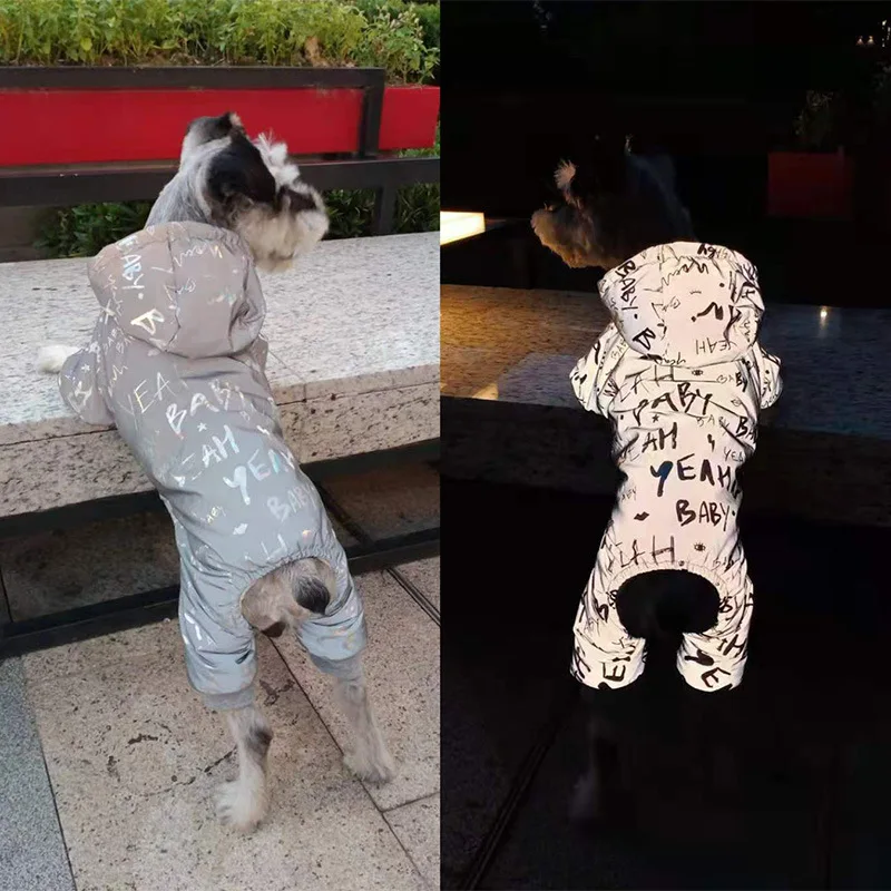Reflective Clothing for Pets Warm Letter Printing Silve Color Four-legged Pet Waterproof Small and Medium Dog Winter Jumpsuits