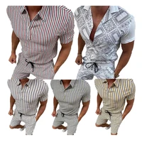 summer trendy print polo shirt tracksuits for men short sleeve lapel button tshirt and drawstring shorts casual 2 piece set ds 1