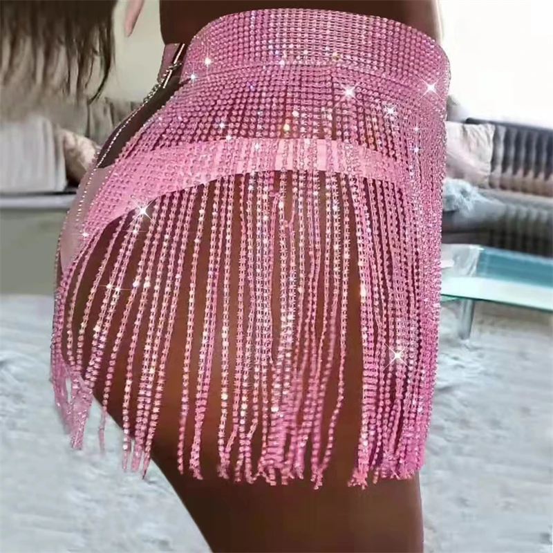 Women Summer Beach Bikini Mini Skirt Glitter Rhinestone Clothing Tassel Skirts Crystal Diamonds Adjustable Sexy Party Bottom