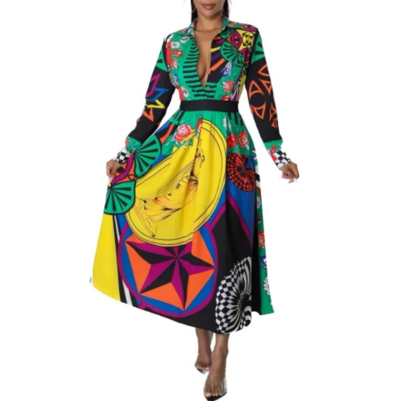 

Женское платье-рубашка с отложным воротником, длинным рукавом и принтом