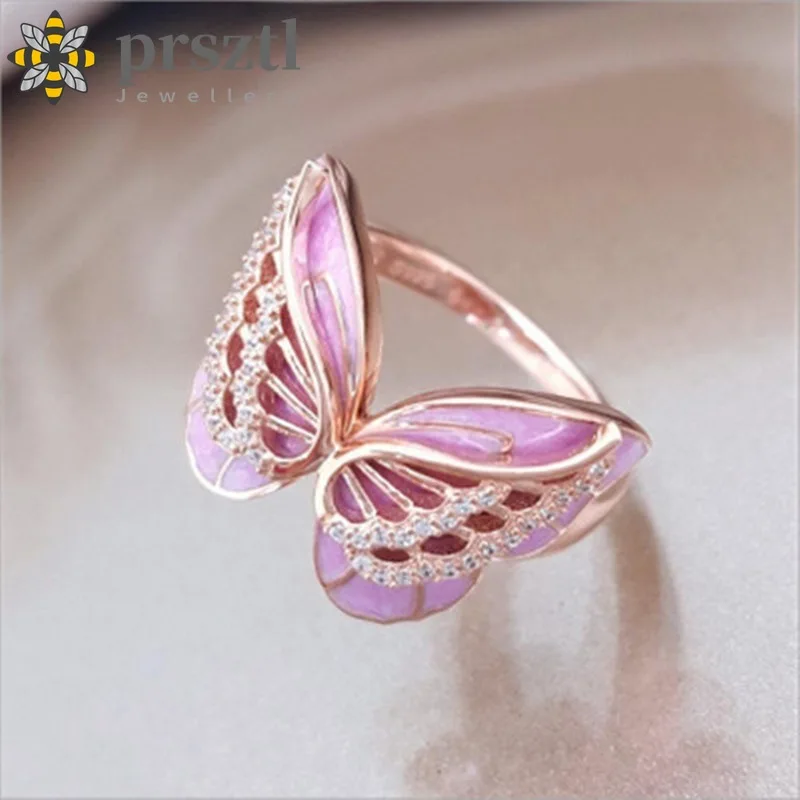 Женское Винтажное кольцо в виде бабочки розовое Корейском стиле ювелирное