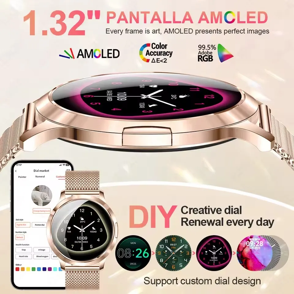 Фото Новые ультратонкие смарт-часы 2026 года с HD AMOLED-экраном 1,32 дюйма для женщин: всегда включенный дисплей, отображение времени, измерение пульса, звонки по Bluetooth, высококлассные модные смарт-часы №2
