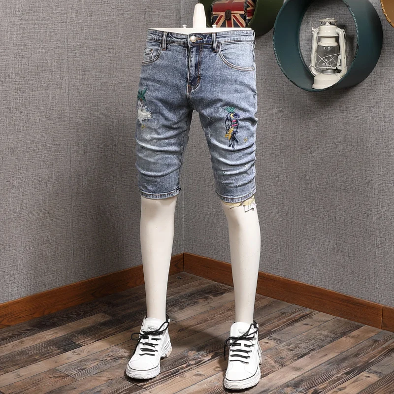 

Embroidery Men Parrot Ripped Denim Shorts Summer Streetwear Casual Mens Light Blue Slim Fit Short Jeans