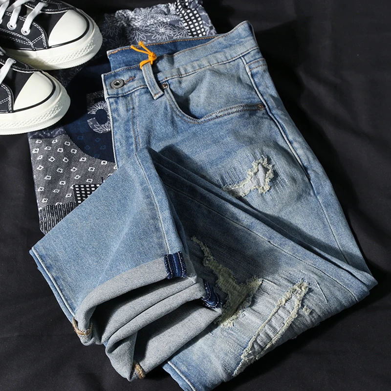 

Autumn and Winter Thick Heavyweight Elastic Denim Jeans Men's Fashion Retro Patch Washed Old Light Blue Casual Straight Pants