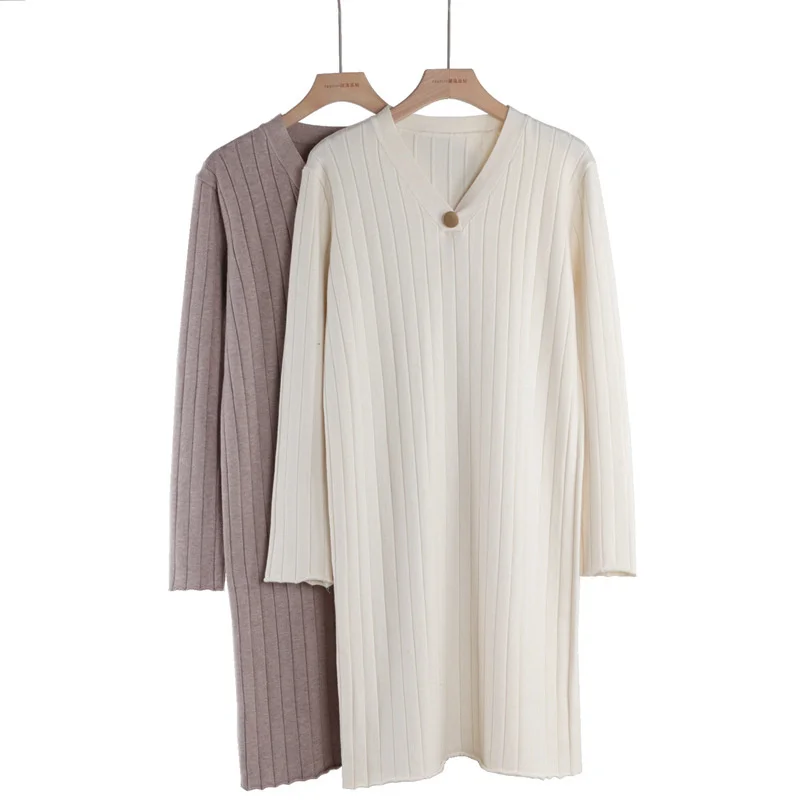

Autumn Sweater Knitted Loose V-Neck Pullover Underlay Medium Length Sweater Women's Knitwear Dress Warm Winter Female Streetwear