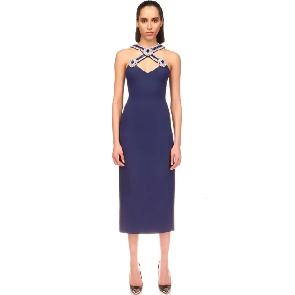 

Летнее Новое поступление, женское темно-синее платье, женское сексуальное облегающее платье без рукавов с открытыми плечами, вечернее платье