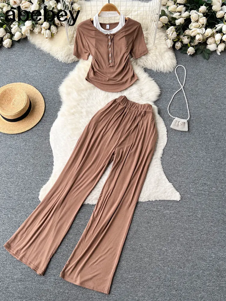 

Женский спортивный костюм, повседневный топ с коротким рукавом и квадратным вырезом + длинные брюки с широкими штанинами, Y2K, летний комплект из двух предметов