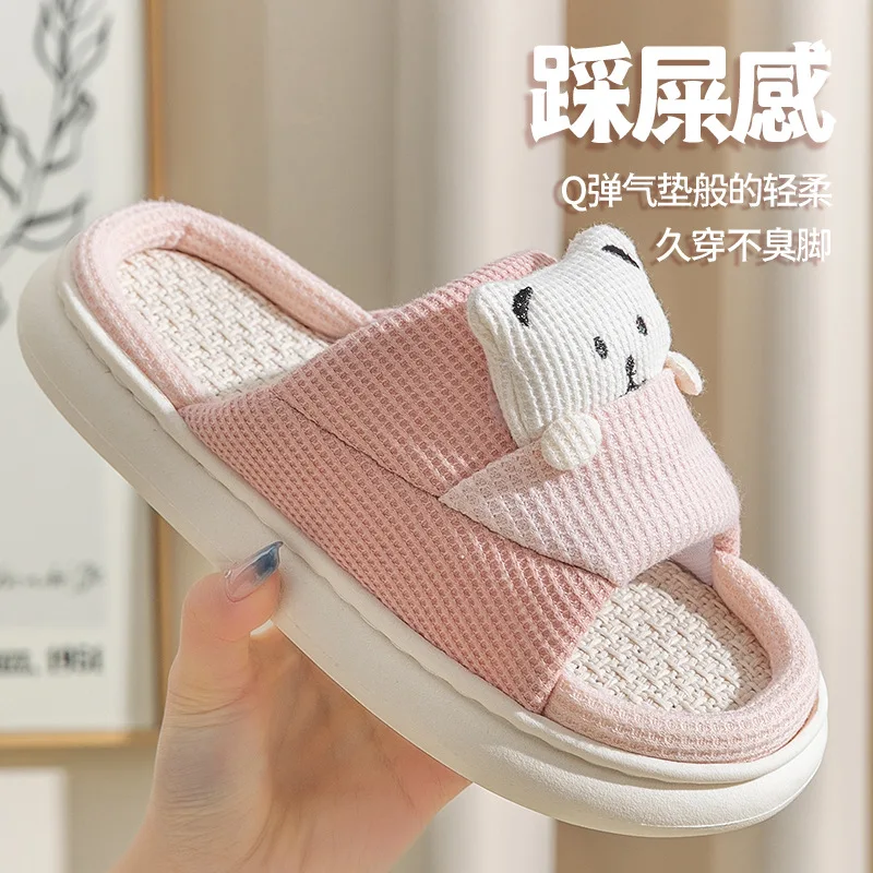 Linen Home Slipper for Womens Desiger Cartoon Flip Flops Lady Cotton   Shoes Slides Four Season Casual Cute Pocket Bear Slippers