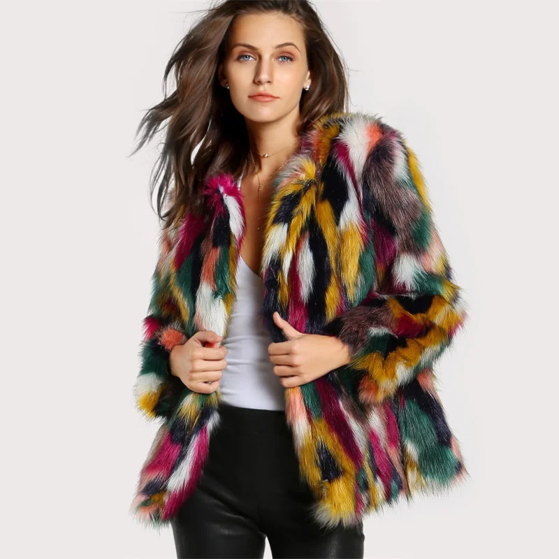 ICCLEK Color matching fur coat colorful wool imitation fur coat short long sleeve collarless casual women's winter fur coat