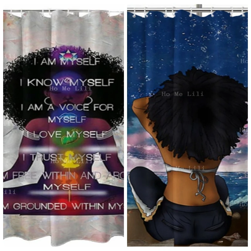 

Yoga Lady Spiritual Meditation Black Girl Shadow Looking At The Sea From Behind Blue And Pink Sky Shower Curtain With Hooks