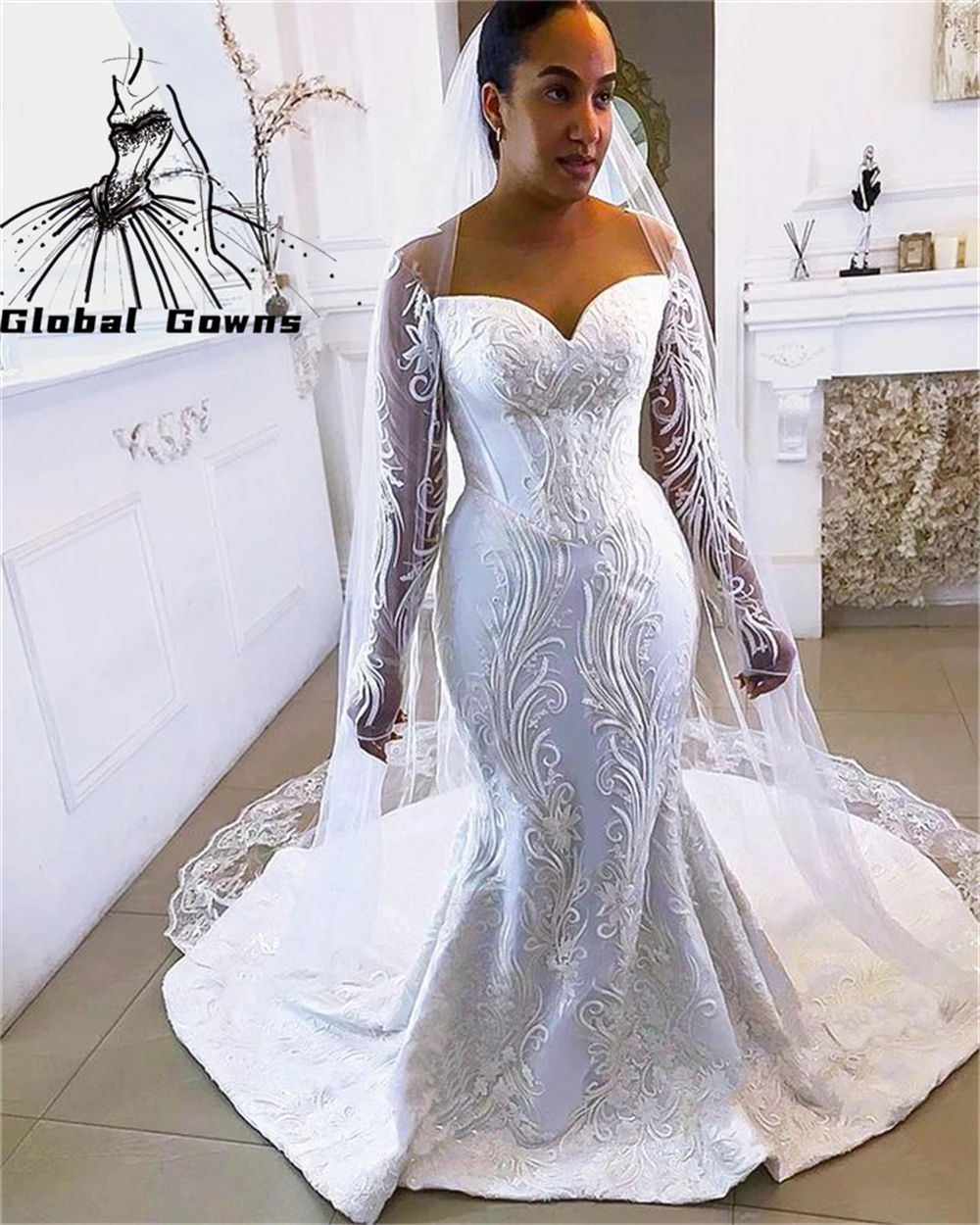 

Elegant New White Sweetheart Wedding Dress For Black Girls Appliques Evening Gown With Cape Bridal Marriage Formal Gowns Robe