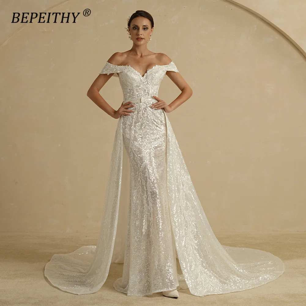 BEPEITHY Ivory Sequins Mermaid Wedding Dresses 2022 For Women 2 In 1 Detachable Train Lace Bridal Gown Beach Vestido Novia