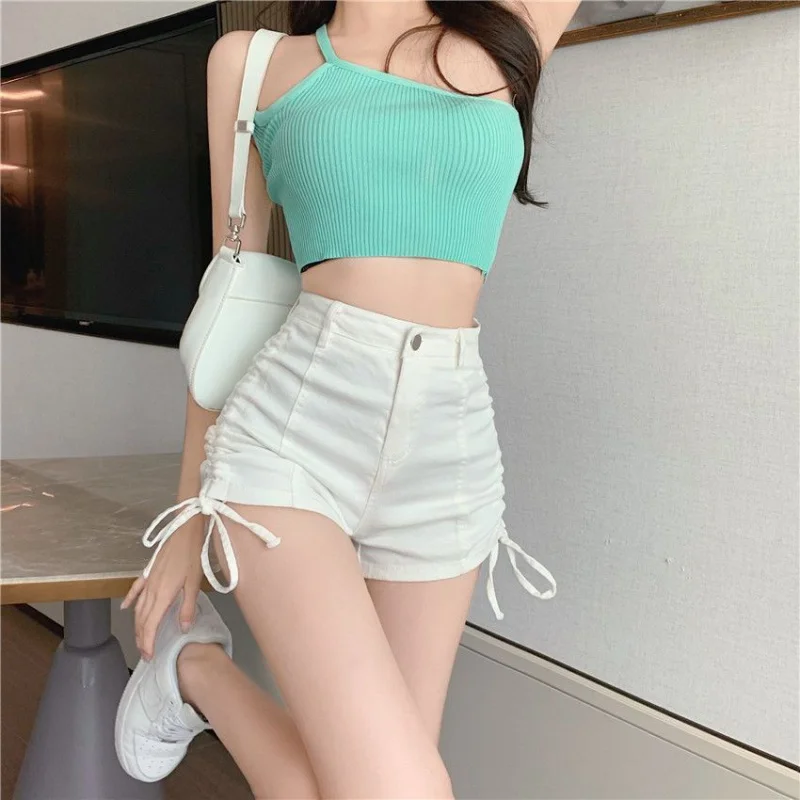 

[ Promotion] Women's Korean High Waist Drawstring Denim Shorts Casual Tight-fitting Hip Sexy White Elastic Shorts A-Line Pants