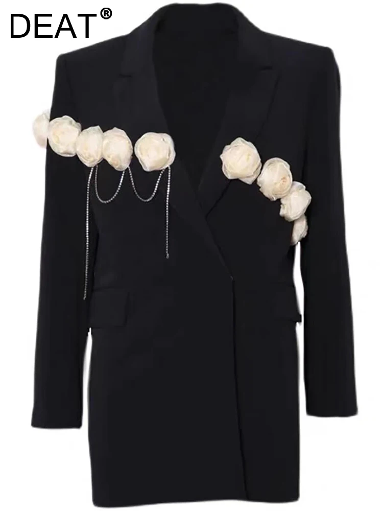 

DEAT Fashion Women Blazer Notched Collar Loose Single Button Long Sleeve Flower Chain Black Suit Jackets Autumn 2023 New 17A5398