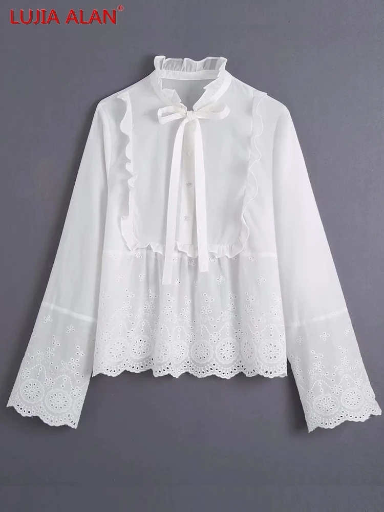 

Women Stand Collar Sweet Bow Hollow Embroidery Shirt Summer Female Long Sleeve Blouse Smock Tops Blusas LUJIA ALAN S9995