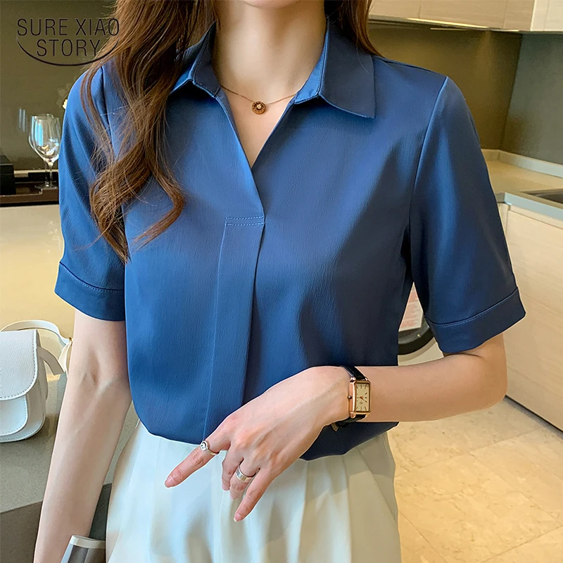 

2022 Satin Short Sleeve Office Lady Women Shirts New Elegant Summer Blouse Women Solid Straight Female Clothing Blusas 20167