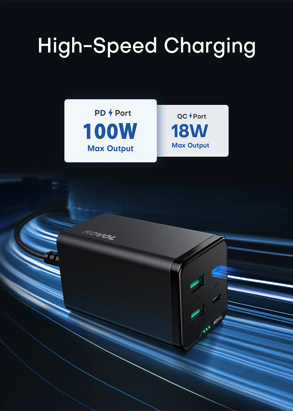 KOVOL 120W Charger GaN 100W PPS PD QC 3.0 Desktop Laptop Fast Charge For iPhone 13 12 Pro Max Samsung Xiaomi Phone Charger