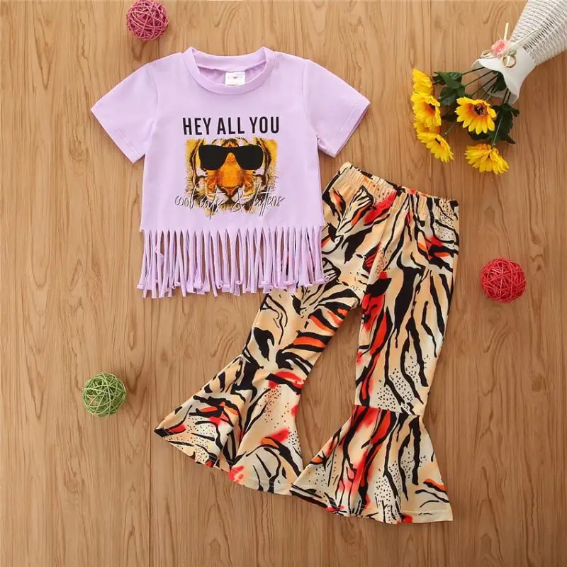 

Children Girls Clothing Tie Dye Set 2022 New Summer Spring Animal Print Set Ins Babes Tiger Head Fringed Top + Flared Pants