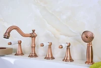 antique red copper brass three levers handles deck mounted 5 holes bathroom tub faucet mixer tap with handshower mtf212