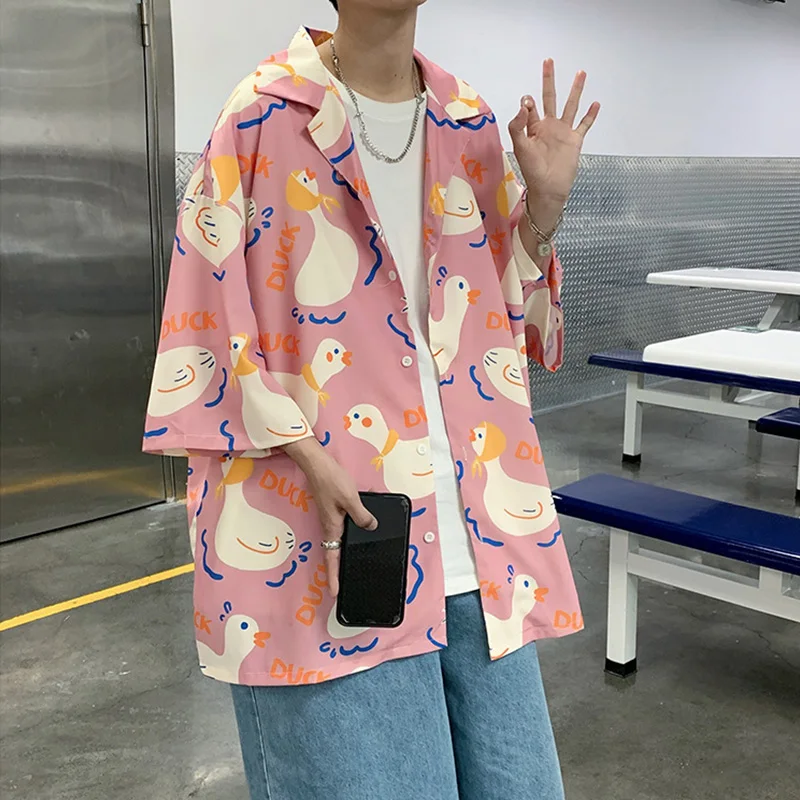 Summer Short Sleeve Shirts Men Baggy Korean Fashion Duck Letter Printed T-Shirt Streetwear Casual Cardigan Blouses Male Clothes