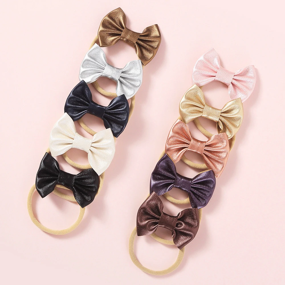 

Leather Bows Baby Headband For Girls Nylon Hairband Bright Kids Solid Color Head Band Infant Party Hair Accessories 12 colors