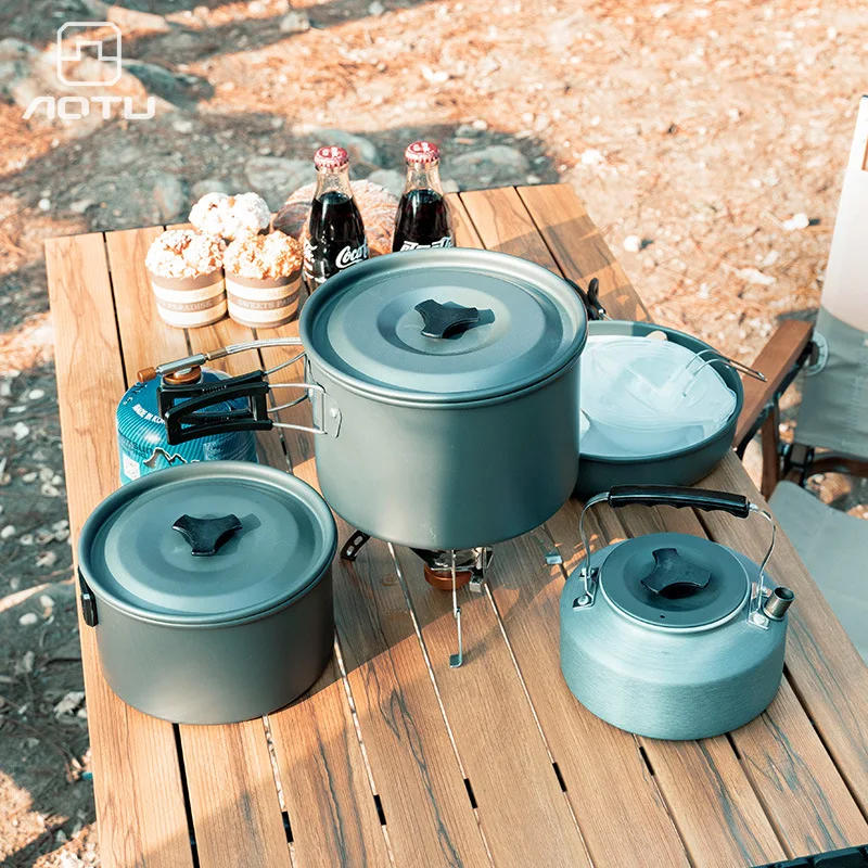 

Outdoor Portable Teapot Cooking Frying Pan 4-5 Multi-person Camping Picnic Pot Set Non-Stick Pan