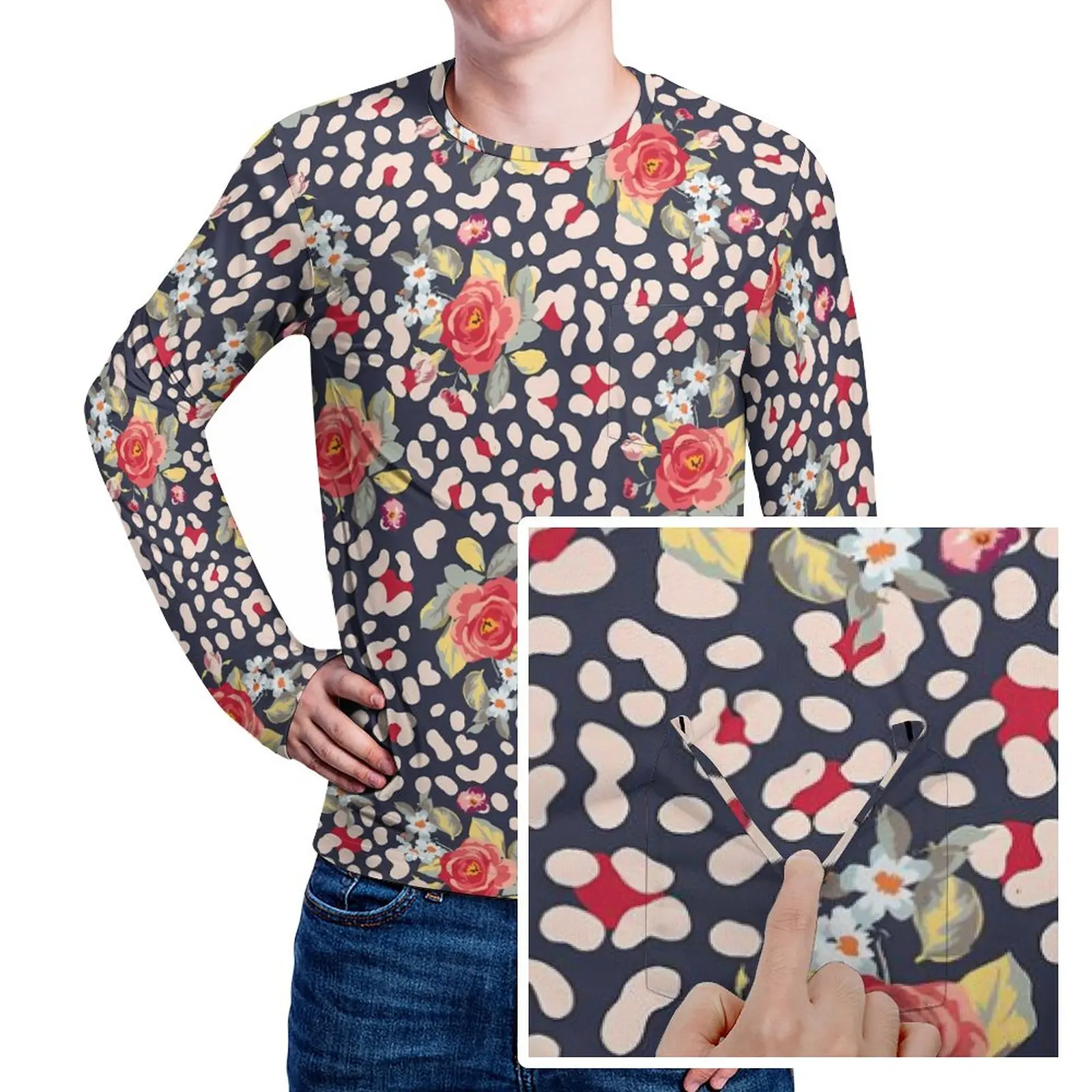 

Floral Leopard Spots T-Shirt Vintage Roses Men Harajuku T Shirts Autumn Design Tees Long Sleeve EMO Plus Size Gift Idea
