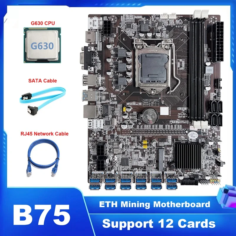 

B75 ETH Mining Motherboard 12 PCIE To USB LGA115 Black Motherboard With G630 CPU+SATA Cable+RJ45 Network Cable