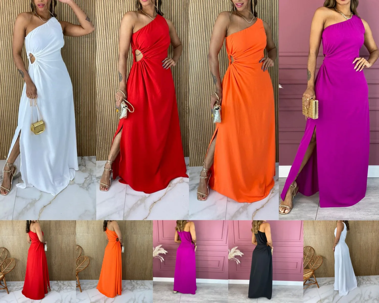 

2023 Summer New Women's Casual Dress Solid Color Sloping Shoulder Sleeveless Hollow Single Side Slit Long Dress