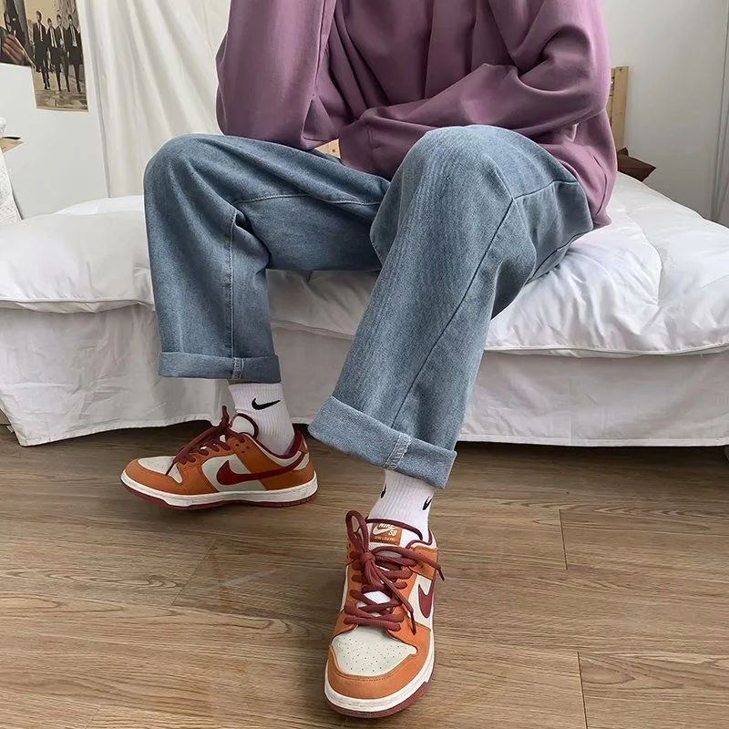 Blue Black Drawstring Jeans Men Fashion Retro Casual Wide Leg Jeans Mens Streetwear Loose Hip Hop Straight Denim Pants Men S-3XL