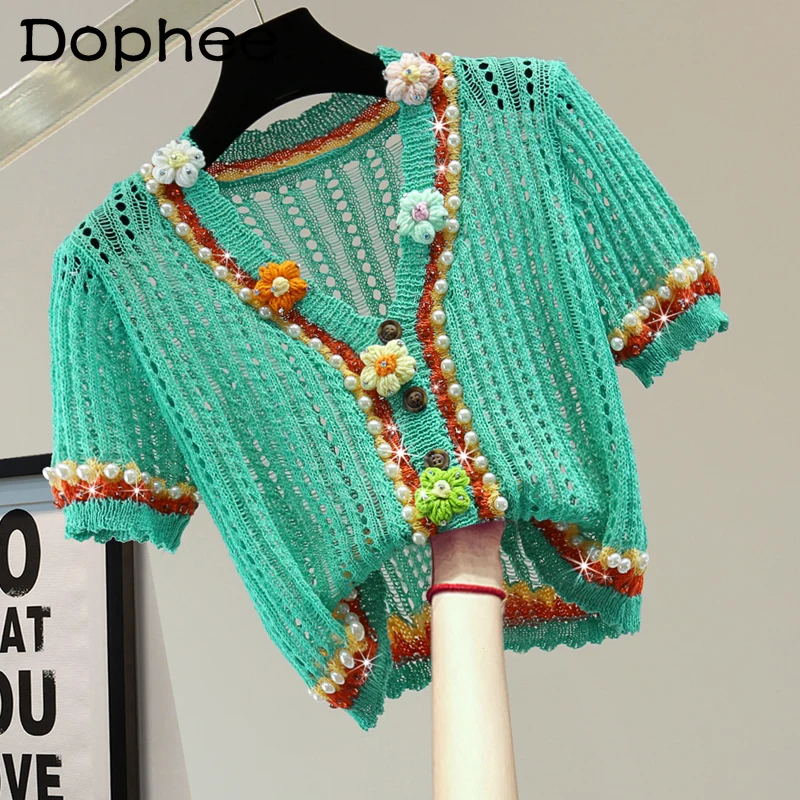 

Hollow Beaded Flower Short Sleeve T-Shirt Women 2022 Summer Korean Style Slimming High Waist Short Knitted Top Sweet T