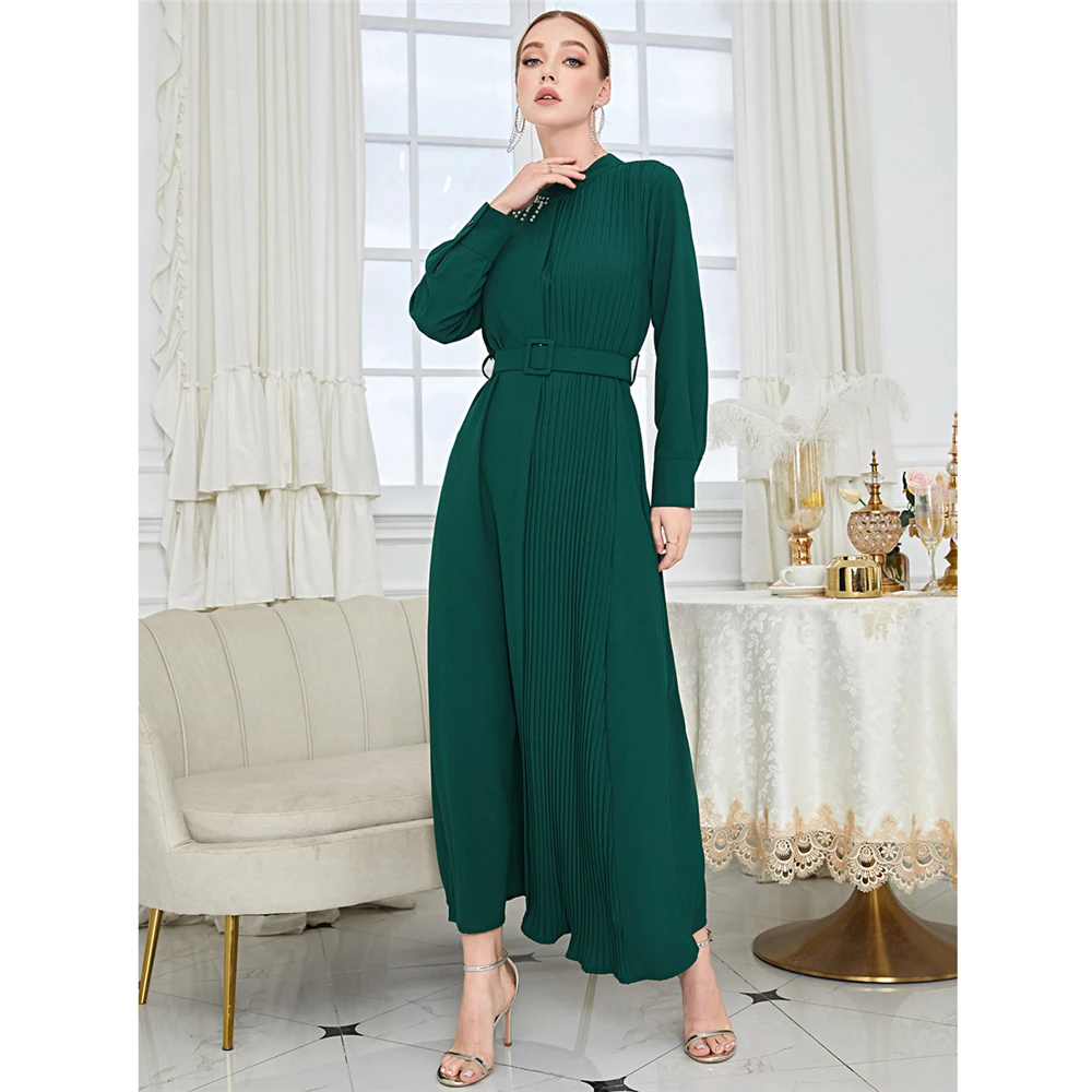 

Spring Fashion Women Long Dress Pleated Muslim Slim Islamic Clothing Bead With Belted Dress Dubai Turkey Middle East Party Gown
