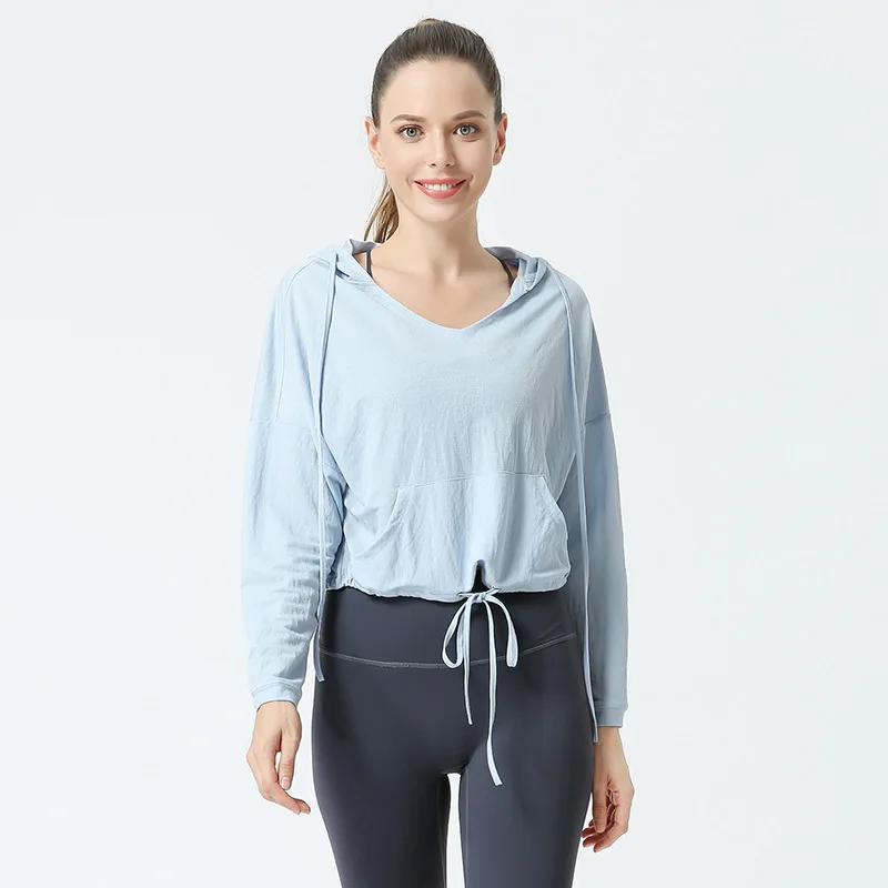

Women Slim Hooded Running Sport Long Sleeve Drawstring Fitness Yoga Shirt Workout Top Gym Activewear Training Clothes