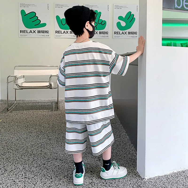 Children Clothing Sets Summer Boys Short Sleeve Striped T Shirts + Shorts Loose Casual High Quality Teenage Kids Clothes Outfits