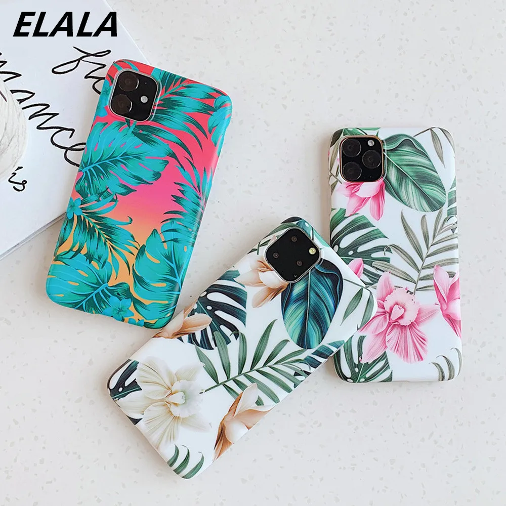 

ELALA Tropical Leaves Flower Case For iPhone 13 12 mini SE 2020 11 Pro XS Max XR X 7 8 Plus Cover Soft IMD Cover Matte Coque