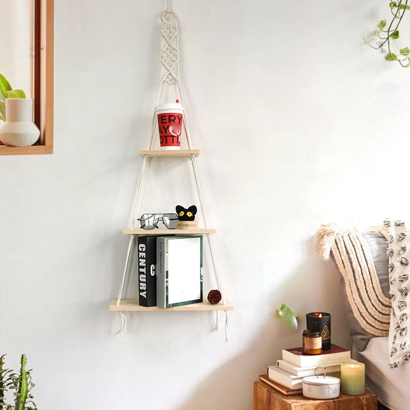 Настенная подвесная полка BMBY-Macrame 3 уровня стеллажи с плетеным веревкой декор для