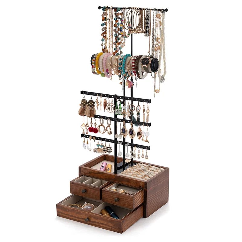 Earring Organizer Jewelry Display Rack Stand Jewelry Tree Storage Box with Wooden Base Hanging Drawer for Bracelet Ring Necklace
