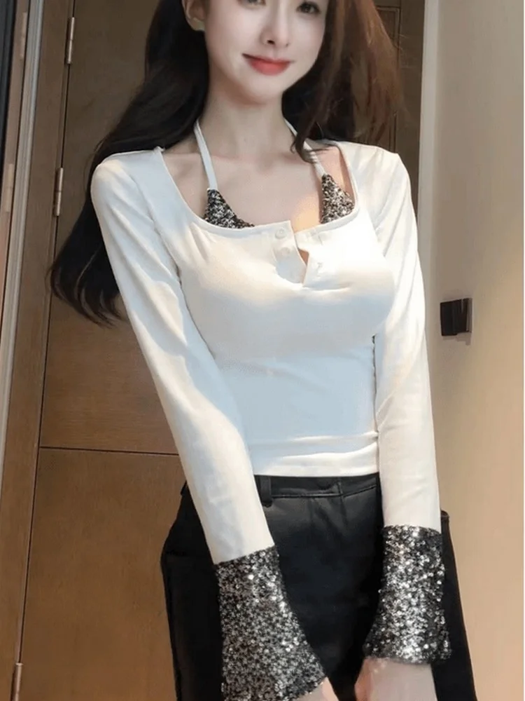 Sequined Heavy Industry Patchwork Hanging Neck U Collar T-shirt 2024 Autumn New French sle Slimming Long sleeve Top Short B...
