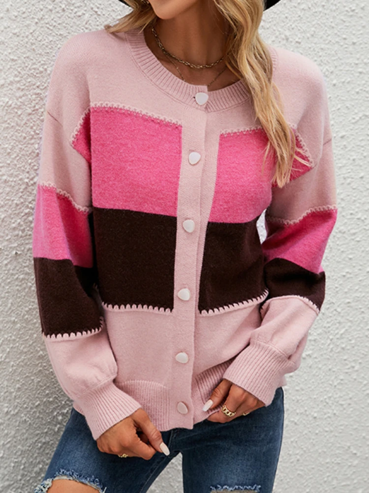 

Autumn Winter New Women's Sweater Loose Striped Colorblock Knitted Cardigan Tops Fashion Casual and Comfortable Women Cardigan